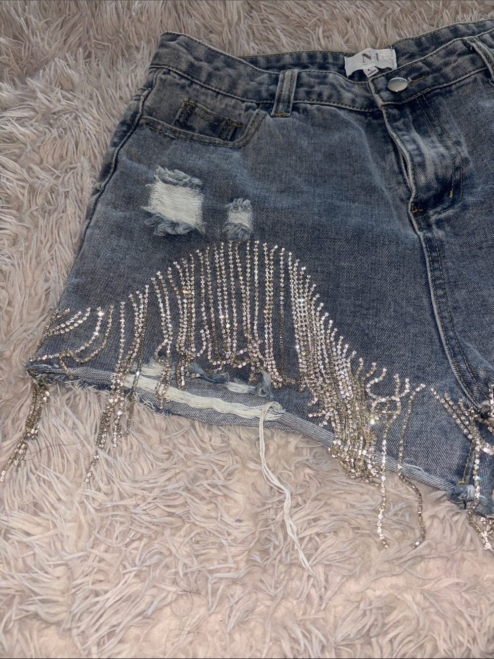 N1 Distressed Denim Shorts with Rhinestone Fringe - Picture 3 of 6